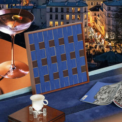 Corner detail of geometric pattern on Tranquil Midnight Paris woven art