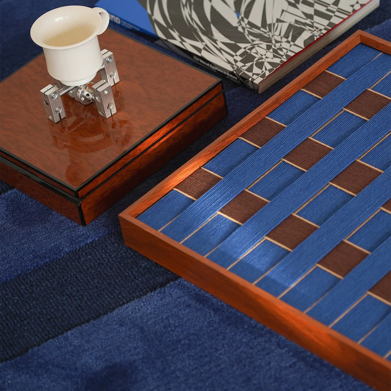 Tranquil Midnight Paris yarn woven wall art angled view showing wooden frame detail