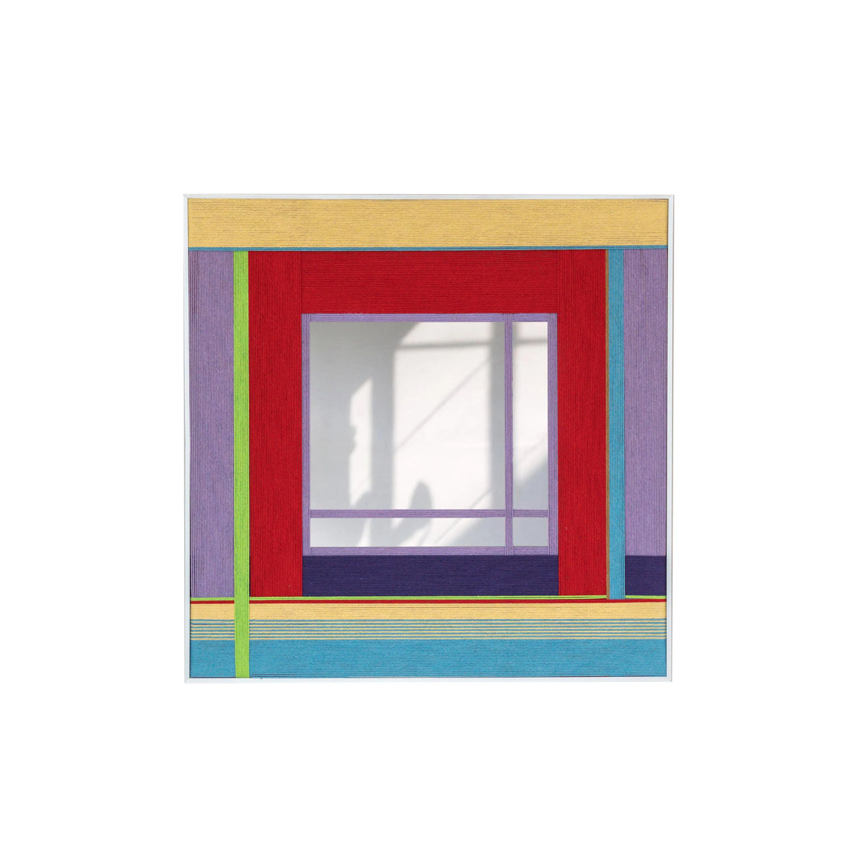 Front view of the Bohemian Reverie square fiber mirror in red, lavender, turquoise, yellow and green