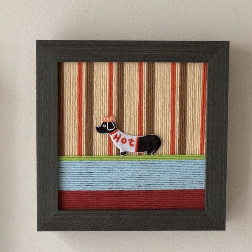Charcoal Stripe Pup Prowl – Handmade Yarn Wall Art