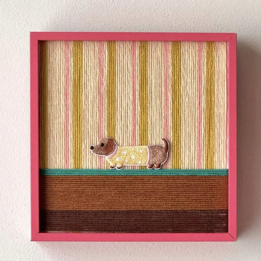 Coral Stripe Pup Wander | Handmade Yarn Dog Wall Art | Cozy Home Décor
