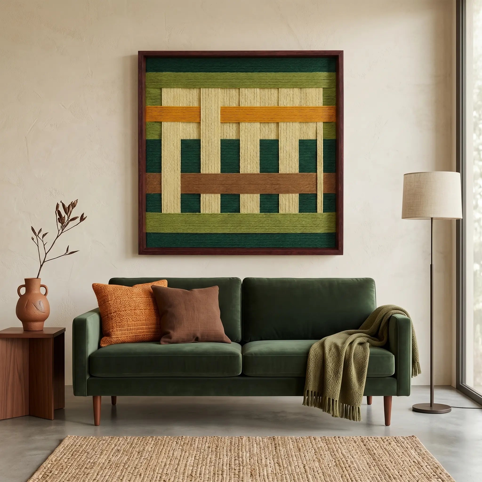 Large-scale textured wool wall decor centered above a dark green sofa, creating a sophisticated focal point with natural organic tones.