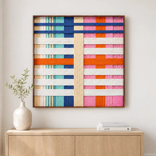 Scale of Joy textile wall art above a wooden console table in a contemporary interior