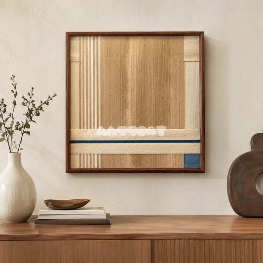 A Collected Morning cream, toasted sand, and indigo yarn wall art displayed above a wood credenza with neutral decorative objects.