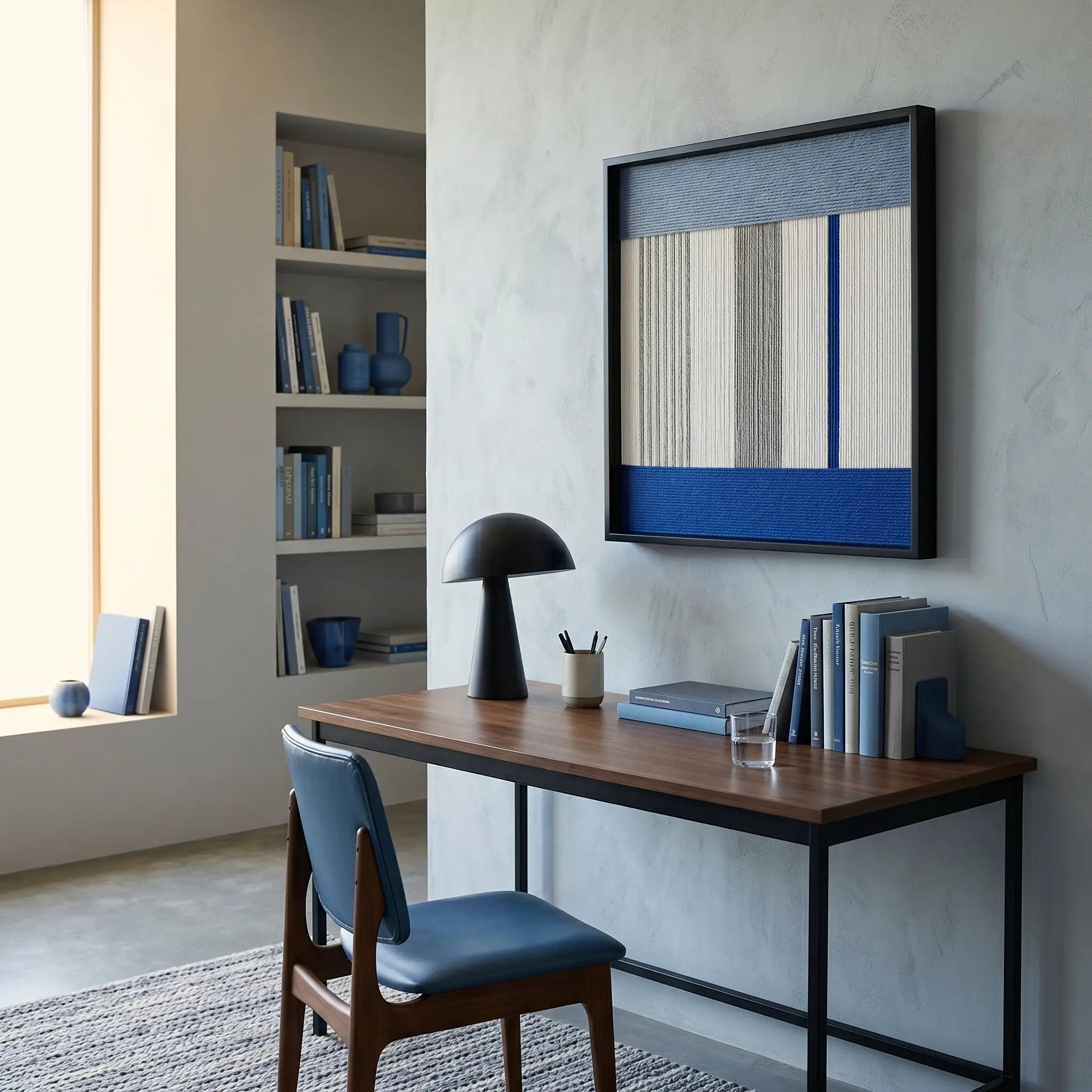 Sophisticated framed wool wall art hanging in a modern home office above a wooden desk with a blue designer chair.