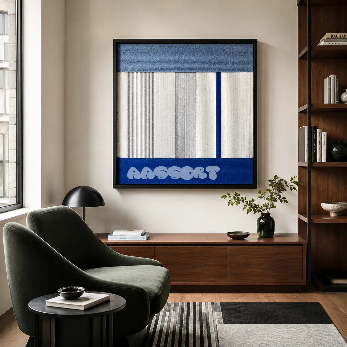 Absolute Zero hazy blue white gray and cobalt textile wall art styled above a walnut sideboard in a sophisticated reading corner.
