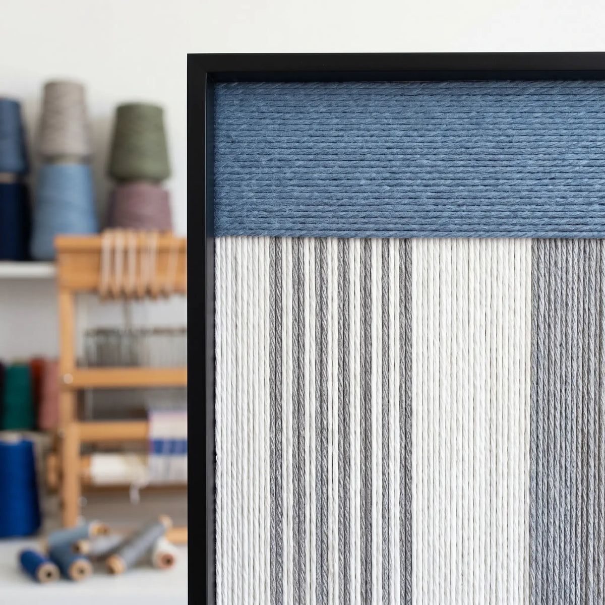 Close-up of the soft cotton cord texture and black frame corner, highlighting the high-quality blue and white yarn craftsmanship.