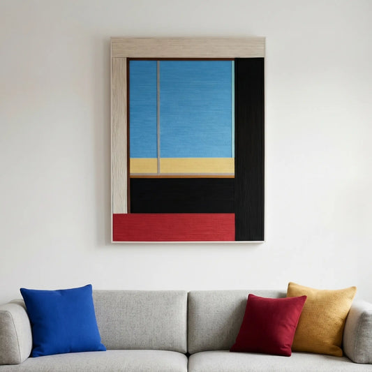 Vertical hand-woven wool wall art with a modern geometric composition in sky blue, primary red, yellow, and black, hanging above a gray sofa with matching primary-colored throw pillows.