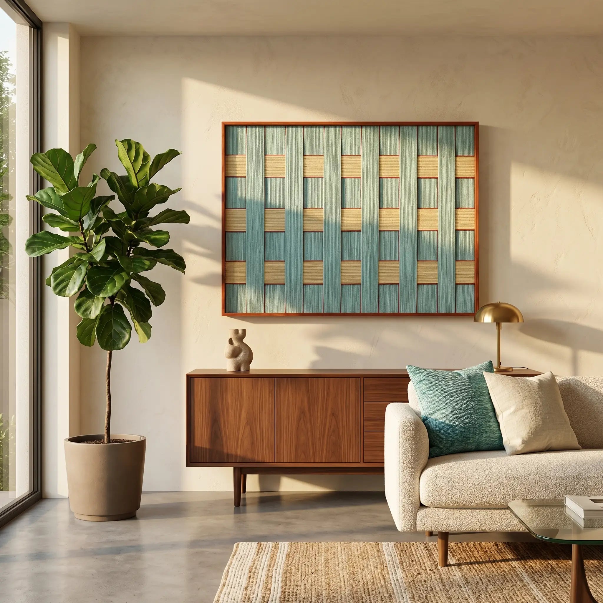 Large framed fiber art tapestry with a geometric teal weave displayed in a sunlit living room featuring a fiddle leaf fig.