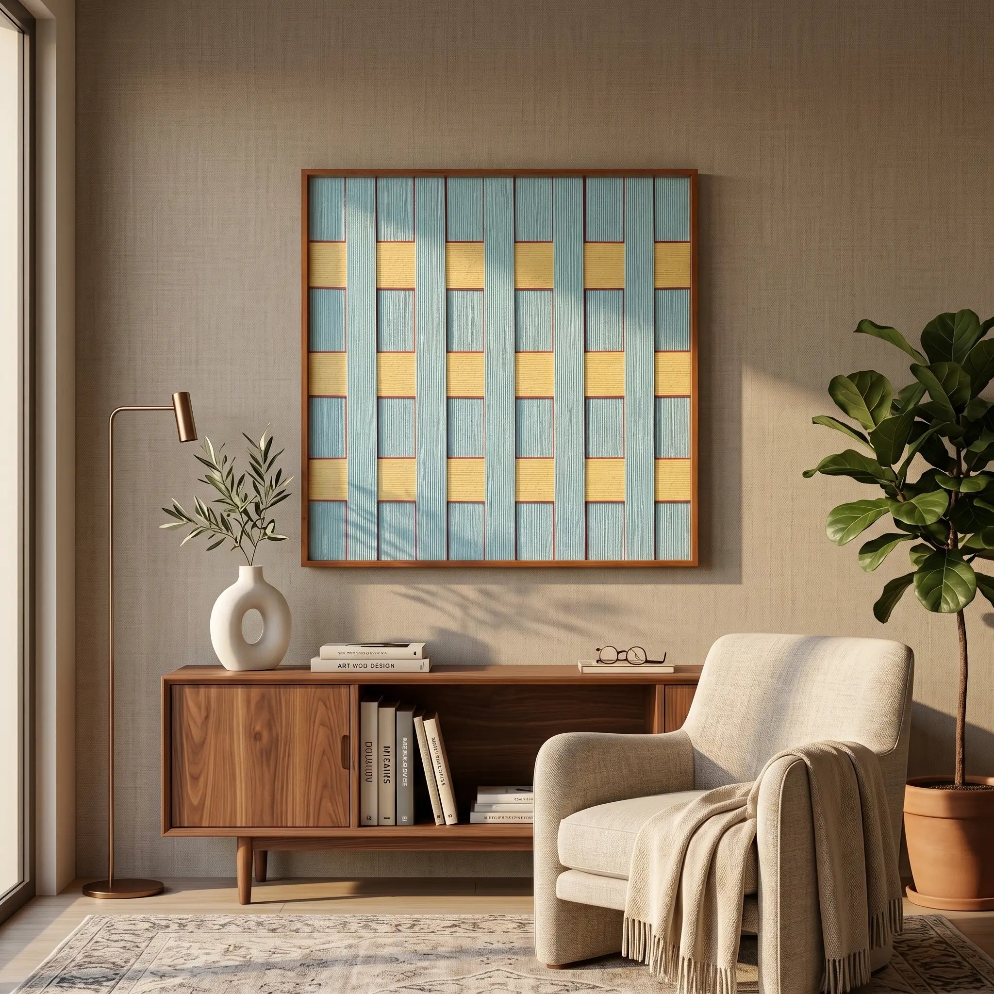 Framed pastel blue and yellow textile art displayed in a cozy living room setting above a low wooden cabinet next to a cream armchair.