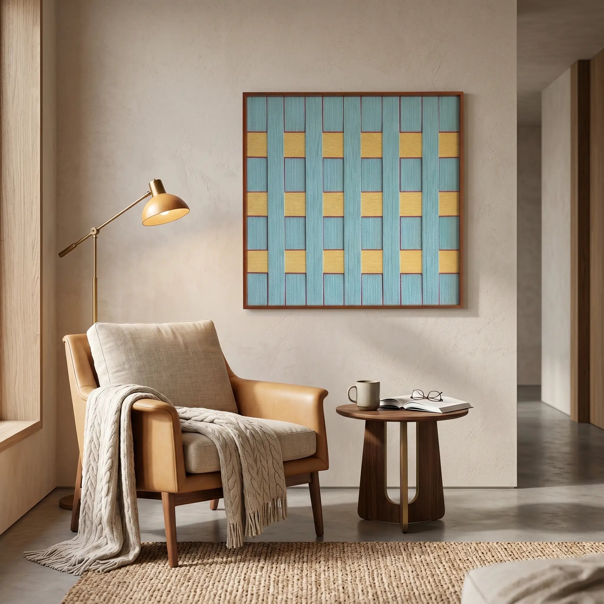 Light blue and yellow woven textile wall art hanging in a cozy reading corner above a beige accent chair and a brass floor lamp.