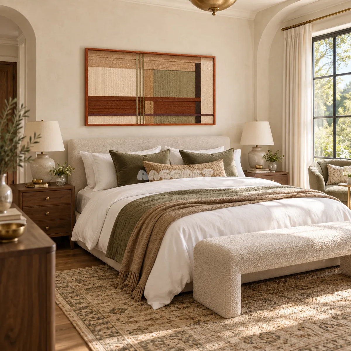 Amber Meadow RE090 framed textile art above a bed in a warm neutral bedroom with sage and brown accents