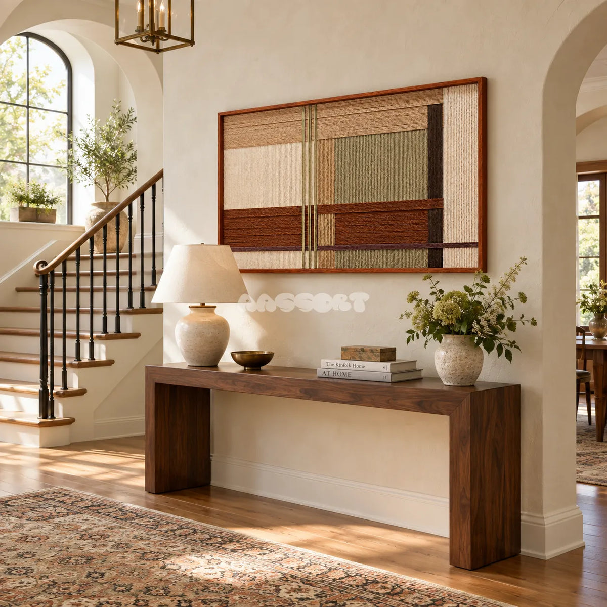 Amber Meadow RE090 framed fiber wall art above a walnut console in a sunlit neutral entryway