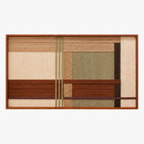 Front view of Amber Meadow RE090 framed geometric fiber wall art in amber brown, cream, beige, sage and dark brown