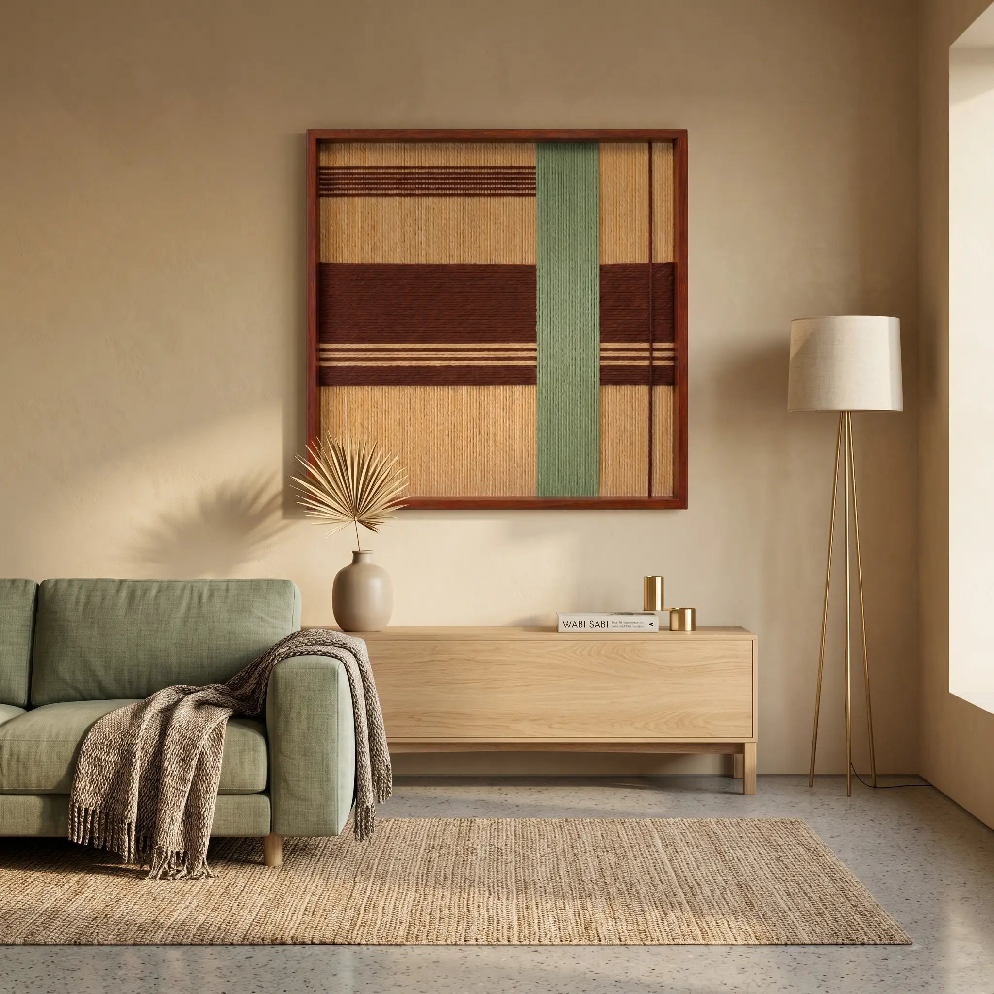 Framed geometric textile wall art displayed above a light wood console table next to a sage green sofa in a warm, minimalist living room.
