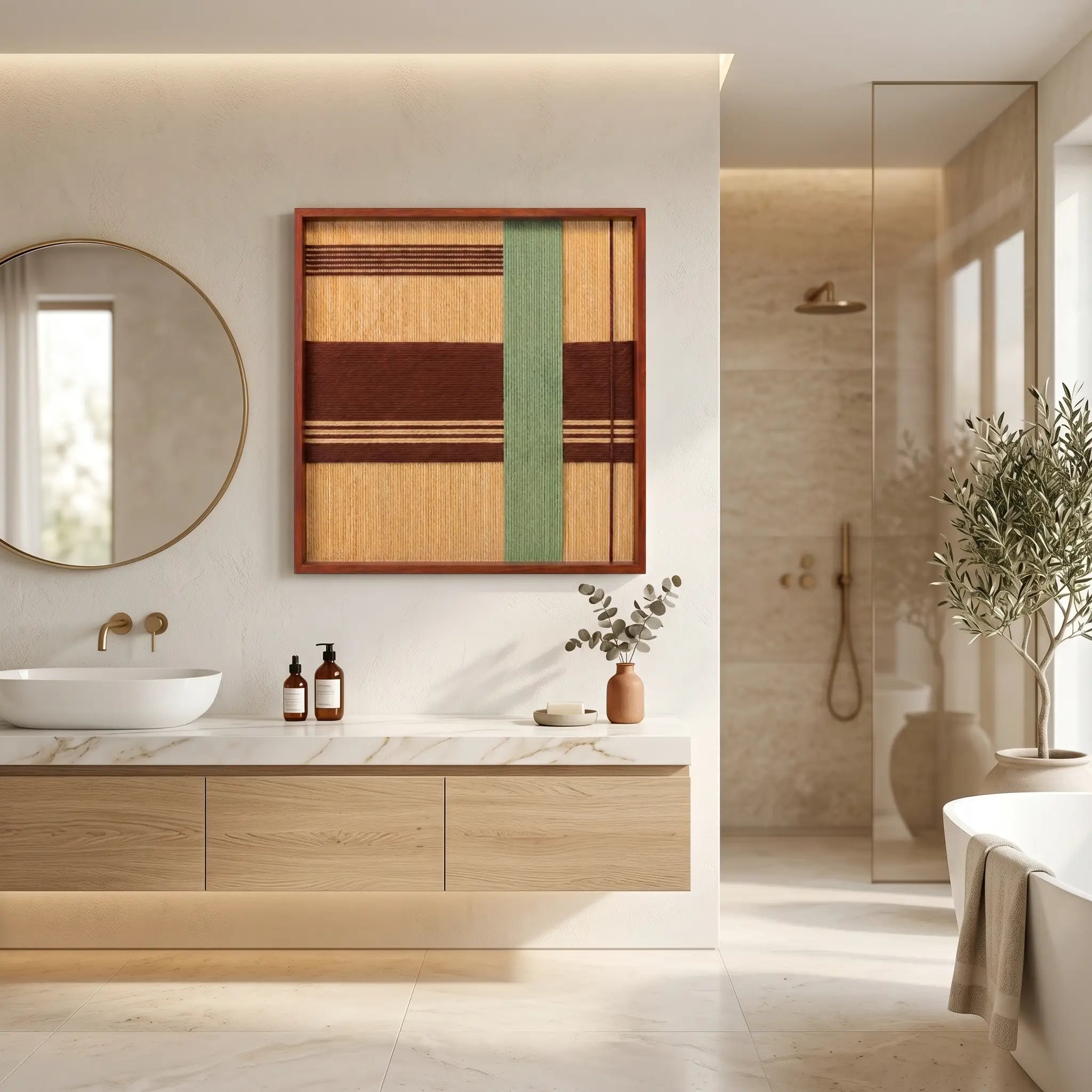 Square woven textile wall art bringing warm amber and green tones to a modern luxury bathroom, hanging above a floating wooden vanity.