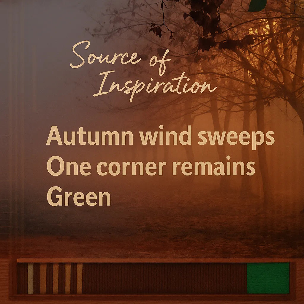 Inspiration graphic for Autumn Breeze featuring a forest floor motif and the quote “Autumn wind sweeps, one corner remains green” to convey the design’s seasonal mood.