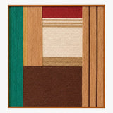 Full product shot of the square soft cotton cord wall art in a metal frame, displaying geometric blocks of green, brown, red, and cream yarn.