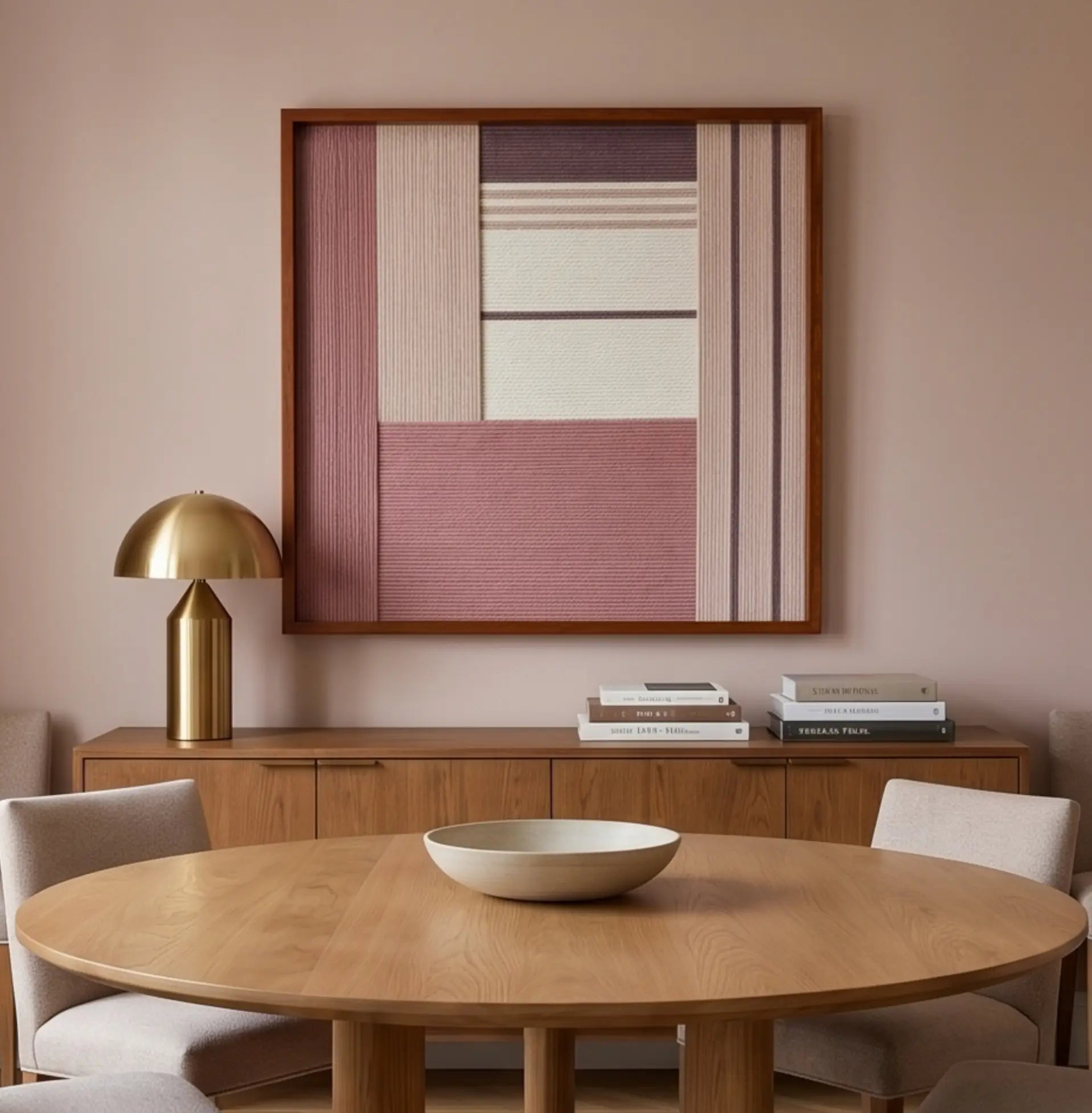 The Ballet Whispers pastel hand-woven wool tapestry provides a soft, warm focal point over a wooden sideboard behind a round dining table in a contemporary dining room.
