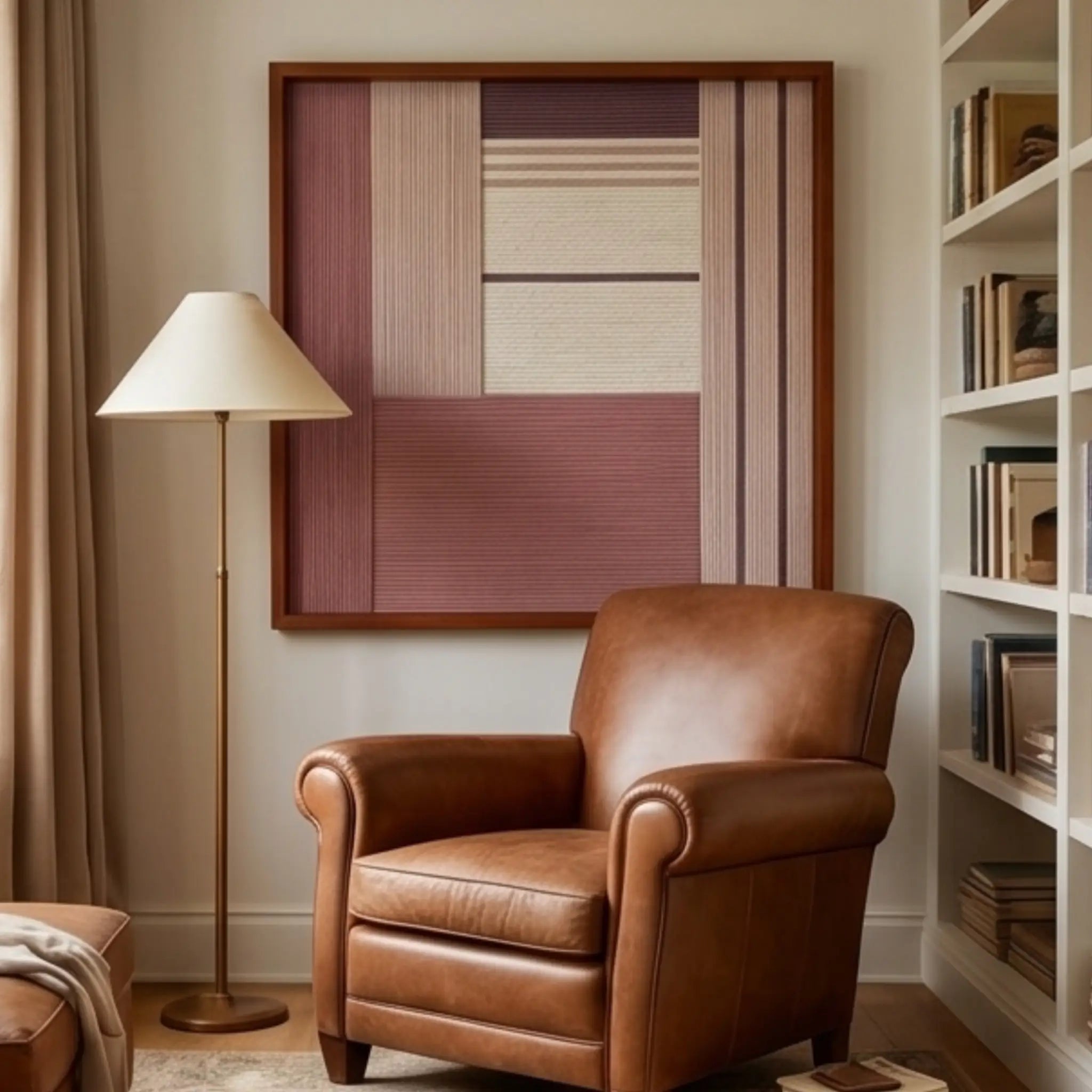 Framed Ballet Whispers textile wall art displayed in a cozy reading nook, hanging above a classic brown leather armchair next to a floor lamp and bookshelf.