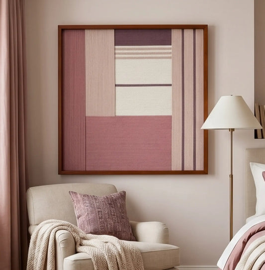Large square Ballet Whispers hand-woven wall art hanging elegantly above a cozy cream armchair with a textured mauve pillow in a softly lit room corner.