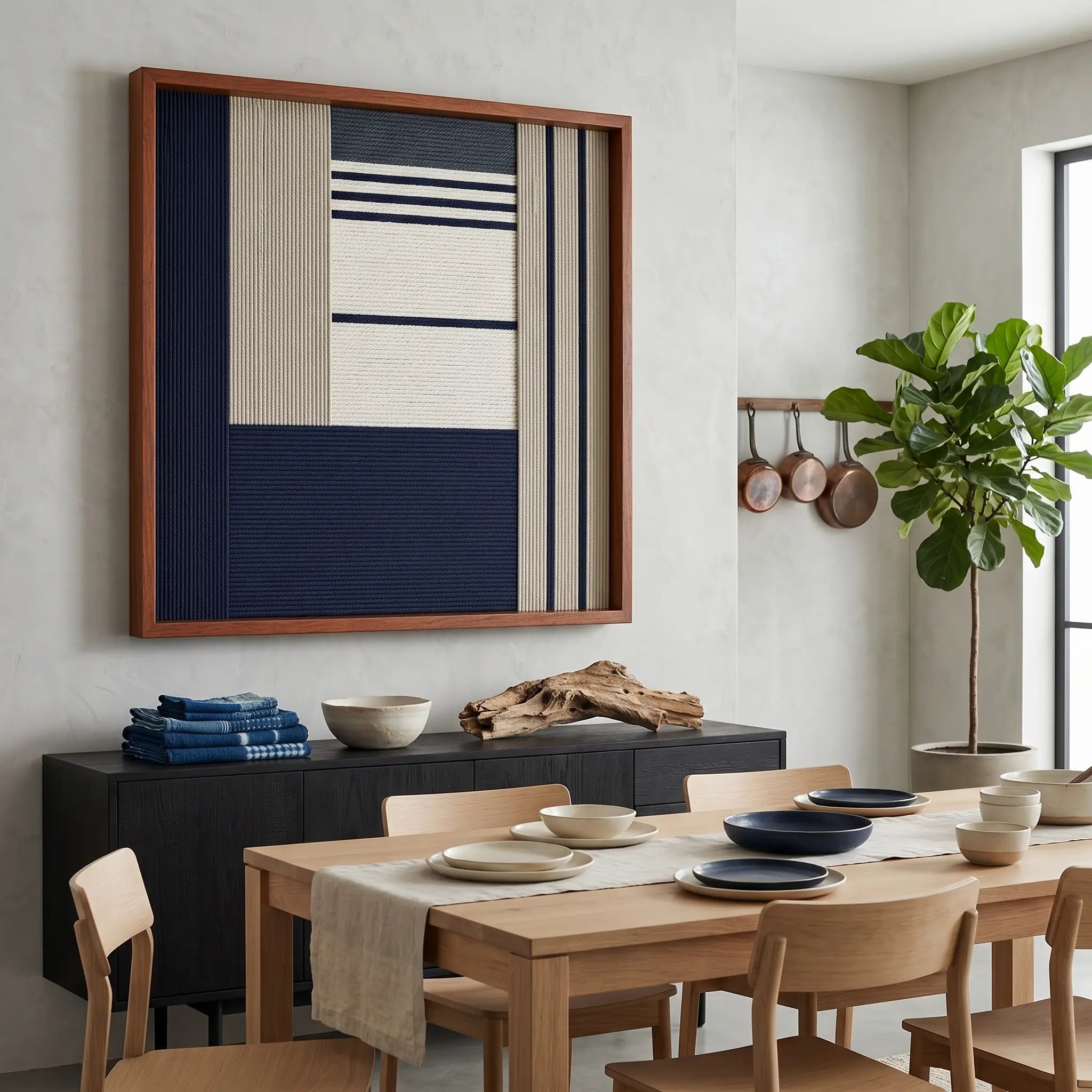 The Baltic Window hand-woven wool tapestry provides a striking focal point over a black sideboard in a bright dining room featuring a light wood table and a fiddle leaf fig.