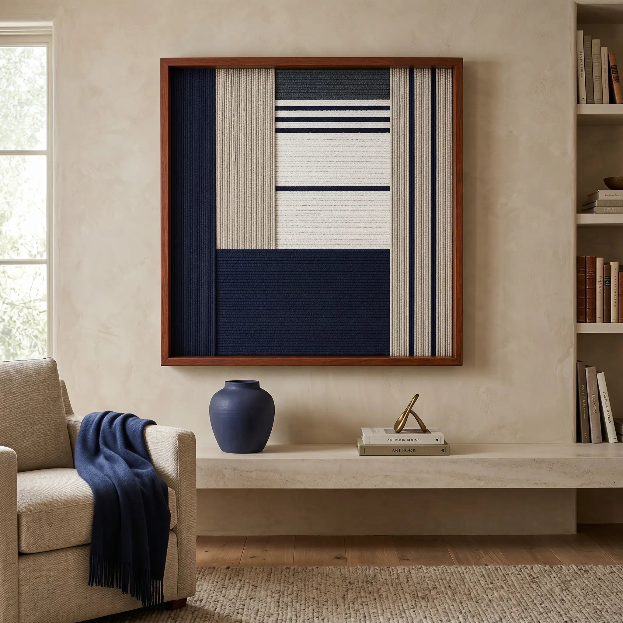 Framed Baltic Window textile wall art displayed in a bright living room, hanging above a sleek minimalist mantel next to a cozy armchair draped with a blue throw blanket.