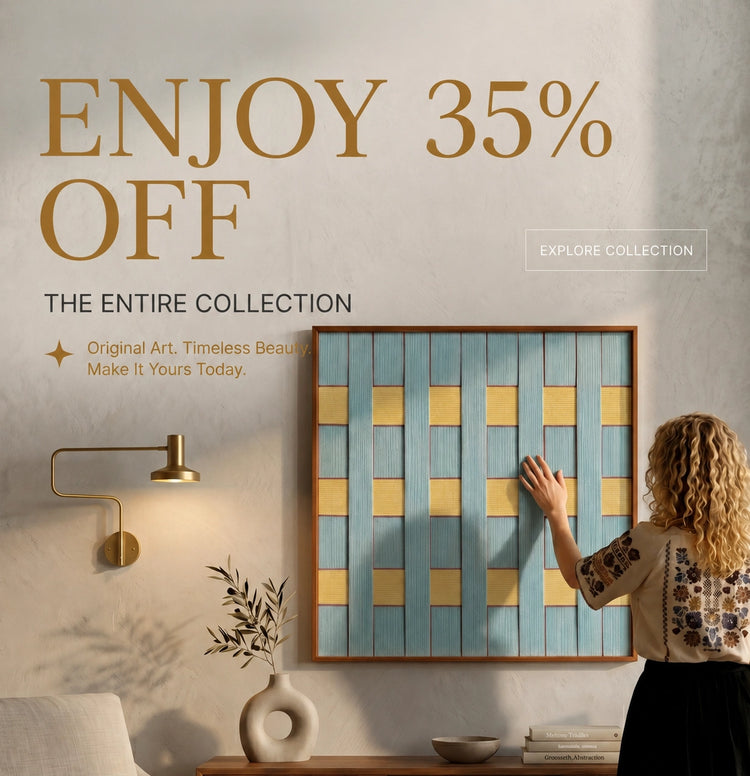 Upscale minimalist interior with a woman touching framed woven artwork, neutral decor, brass accents, and promotional text reading ENJOY 35% OFF THE ENTIRE COLLECTION
