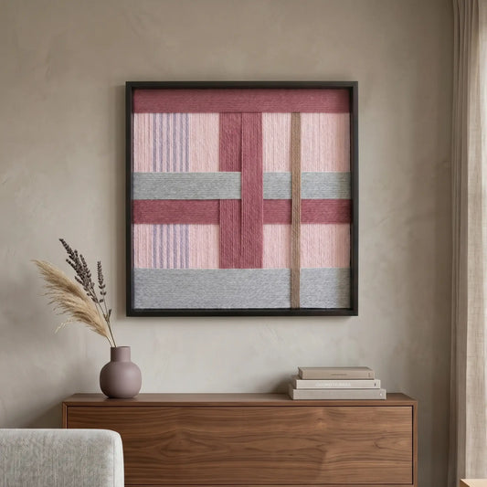 Square pink and grey wool wall art hanging above a dark wood sideboard with minimalist vases and natural lighting.