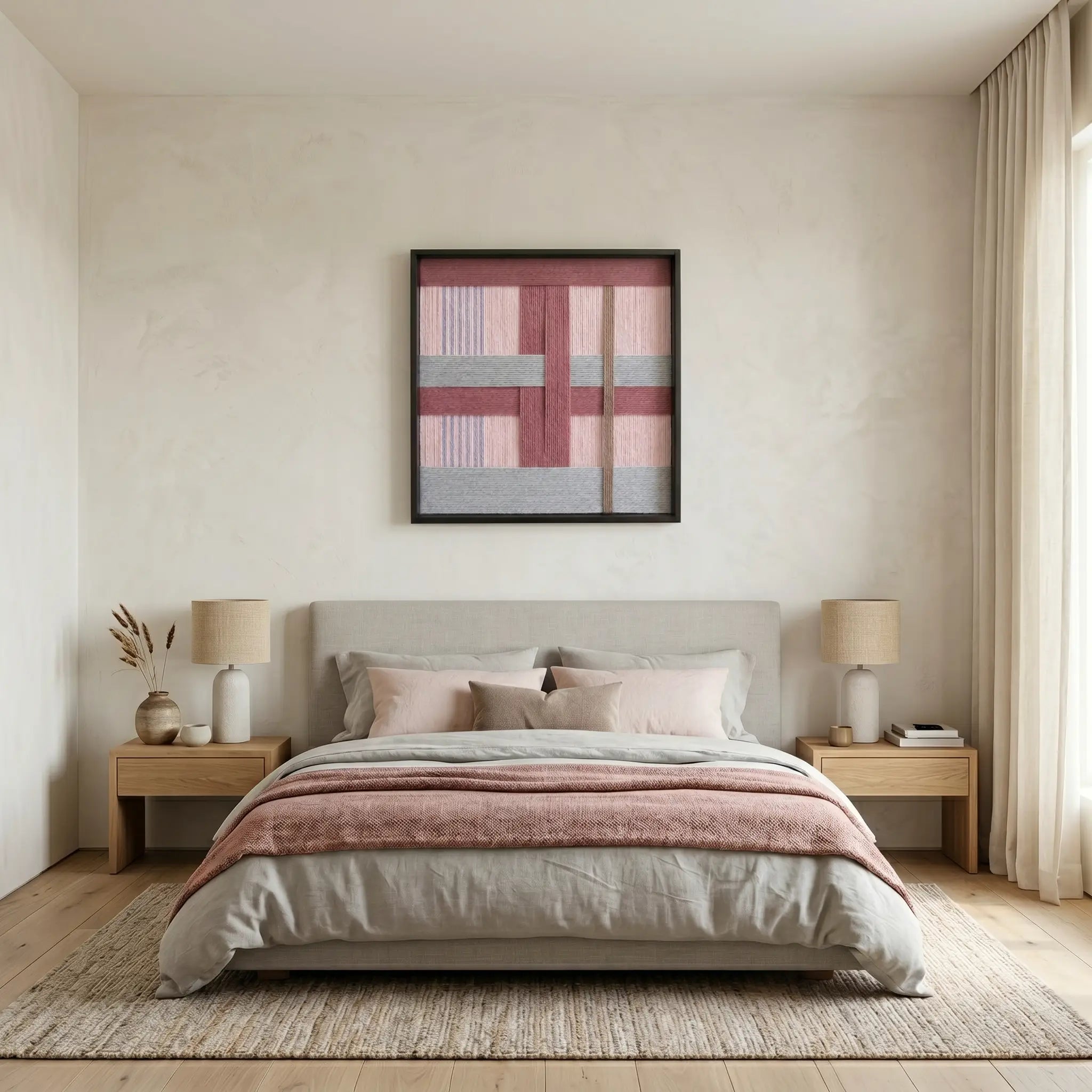 Textured fiber wall art in dusty rose and grey tones styled as a focal point above a bed in a serene, minimalist bedroom.