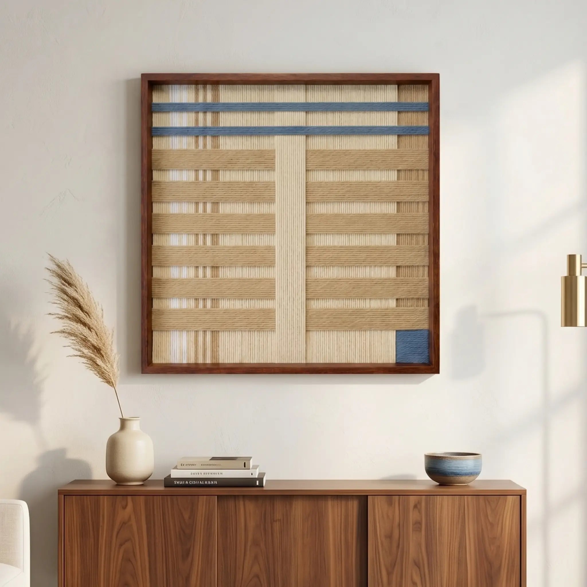 Large square hand-woven wool wall art with neutral and blue horizontal patterns hanging above a dark walnut sideboard in a warm minimalist living room.