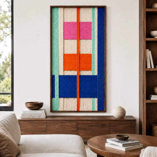 Cozy lounge area decor showing the framed hand-woven wool tapestry displayed above a comfortable neutral sofa and round wooden coffee table.