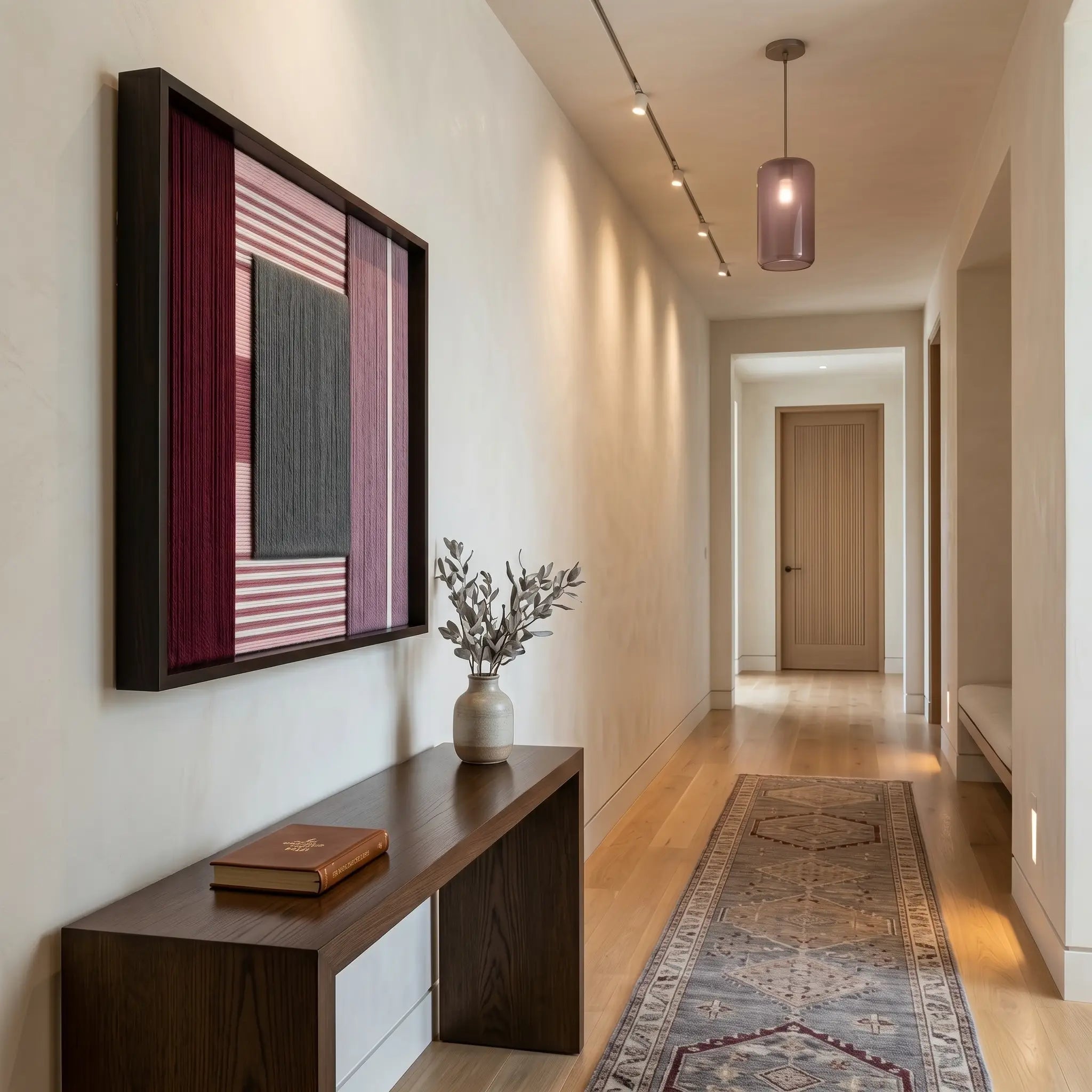 Perspective view of the Burgundy Overture wool tapestry hanging in a contemporary long hallway with warm recessed lighting and a jute runner.