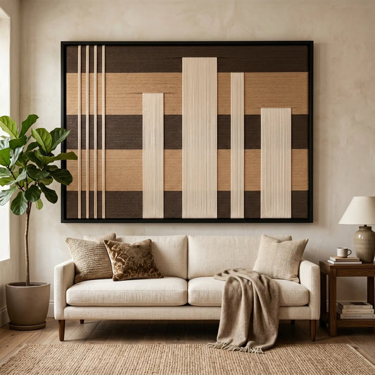 Large framed Canyon Whispers hand-woven wall art hanging elegantly above a cozy white sofa in a bright, modern living room setting.