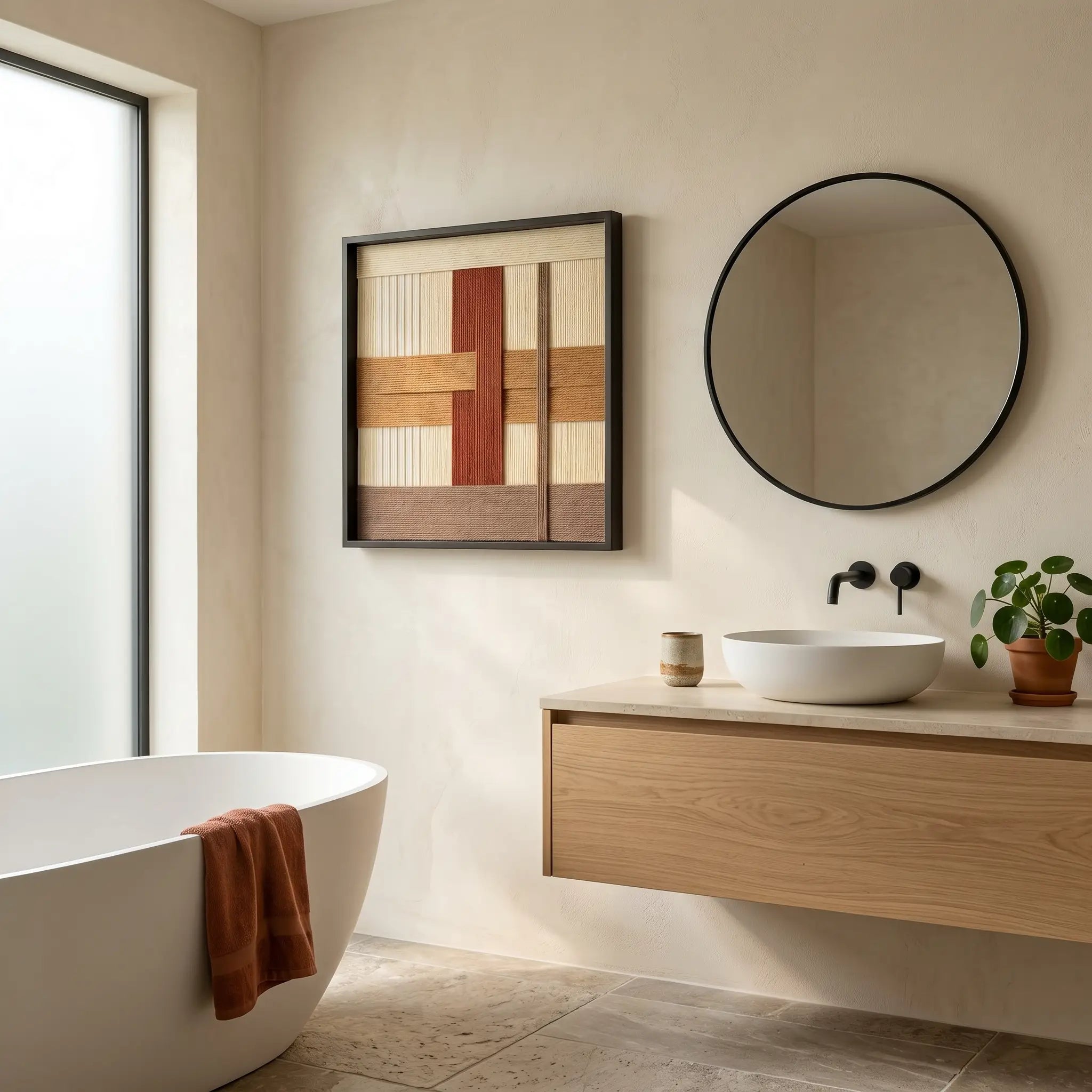 Square framed fiber art displayed in a modern luxury bathroom with a floating oak vanity and neutral stone tiles.