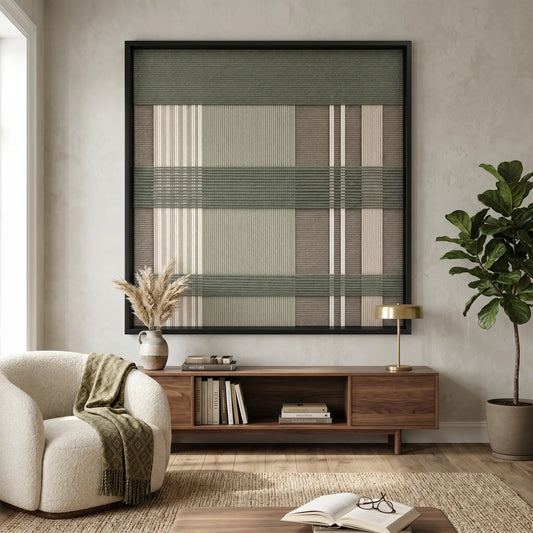 Earth-toned Celadon Mist framed wall art styled elegantly above a dark wood mid-century credenza next to a white armchair draped with a green throw blanket.