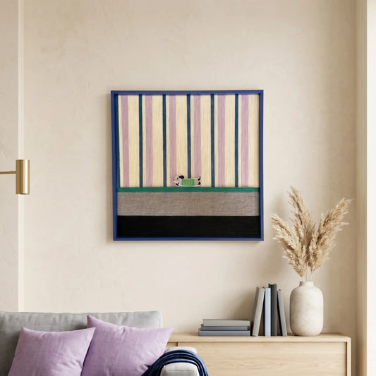Hand-woven wool wall art with a blue frame featuring a puppy motif on lavender and yellow stripes hanging above a light wood console.