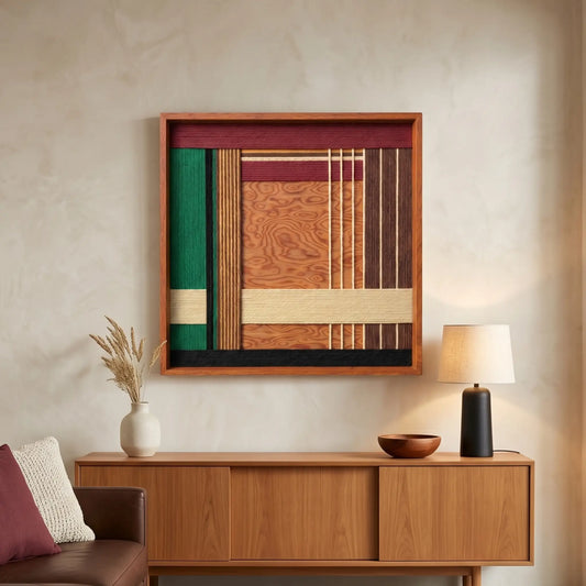 Square hand-woven wool wall art in a cherry wood frame featuring a festive geometric design in forest green, burgundy, and warm oak tones, hanging above a mid-century wooden sideboard.