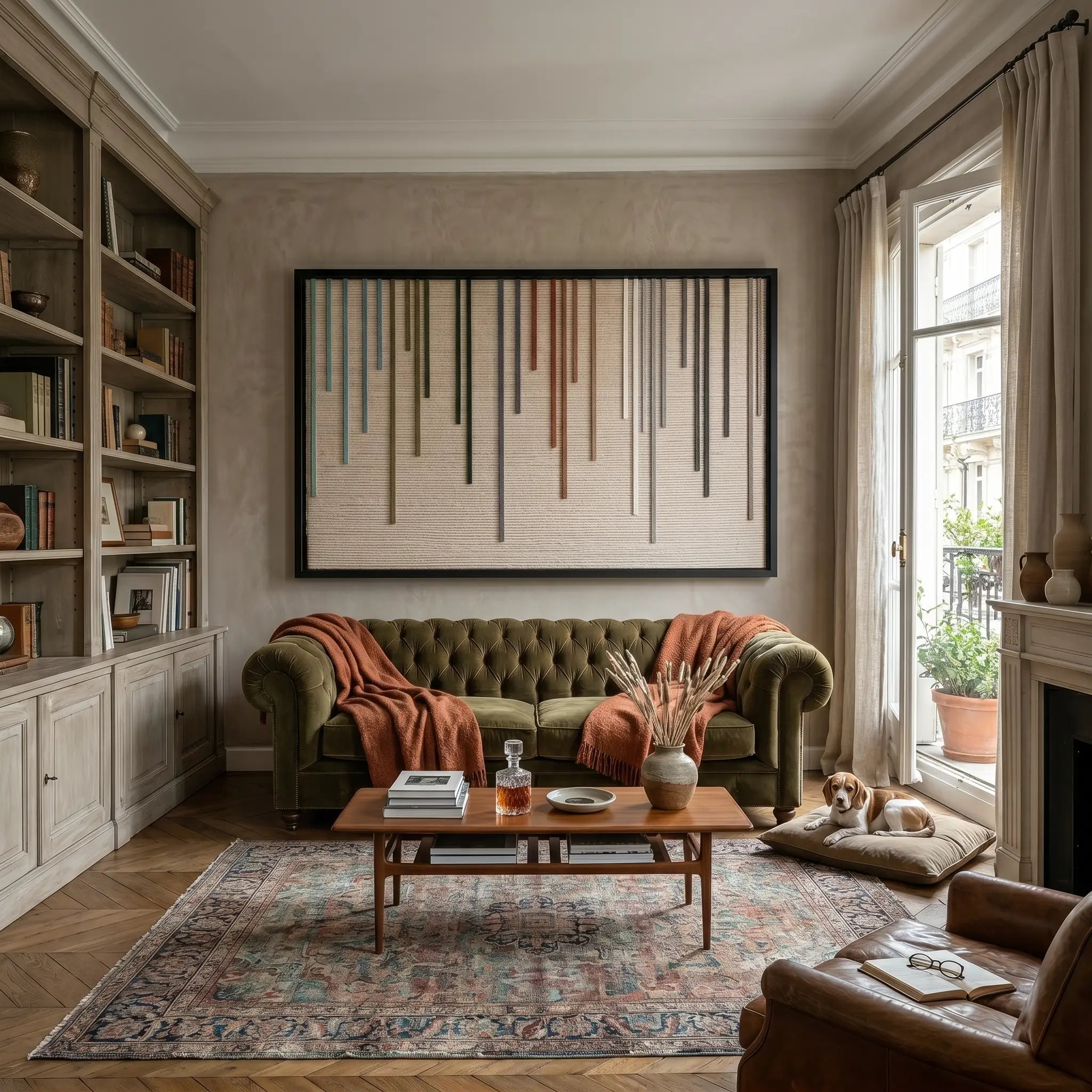 Framed Chromatic Rain hand-woven wall art displayed in a cozy library setting, hanging above a classic green sofa flanked by built-in wooden bookshelves.