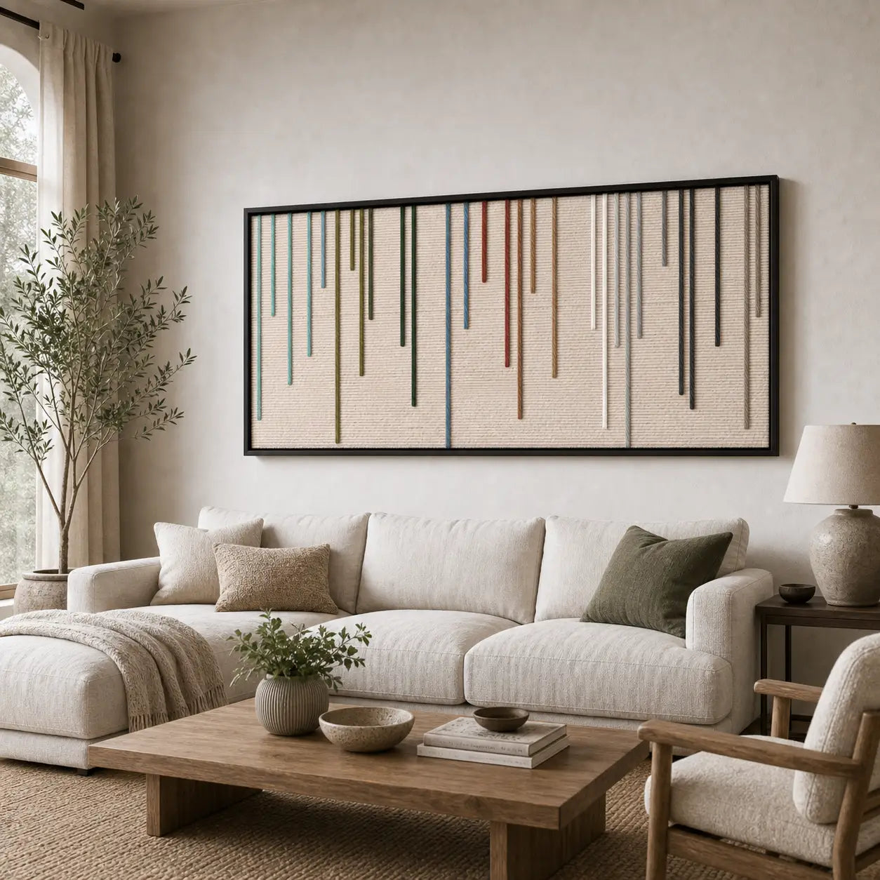 Large framed Chromatic Rain hand-woven wall art hanging elegantly above a cozy white sofa and wooden coffee table in a modern, bright living room.