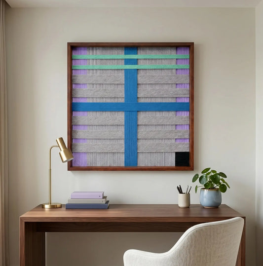 Framed Cobalt Window textured wool wall art styled in a serene home office above a wooden desk with a minimalist brass lamp.