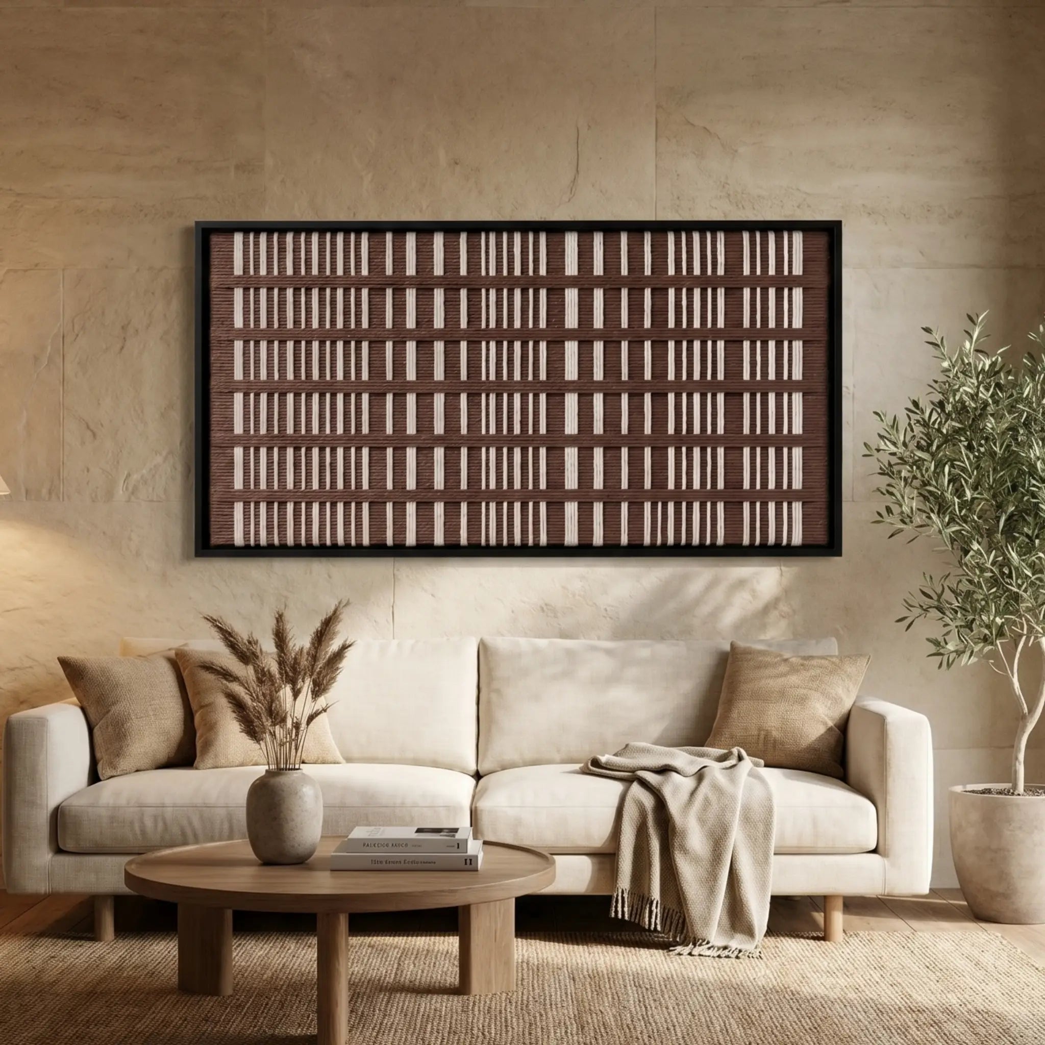 The Cocoa Cadence geometric hand-woven wool tapestry provides a stunning focal point over a modern light sofa and wooden coffee table in a sunlit living space.