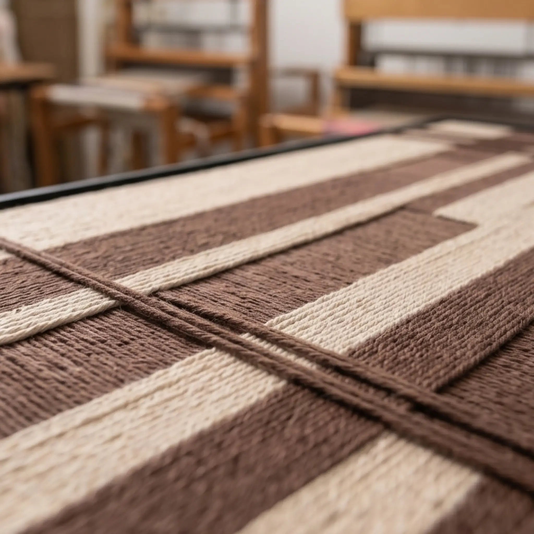 Angled close-up shot of the Cocoa Grid textile art lying flat on a desk, showcasing the layered brown and cream hand-woven wool texture.