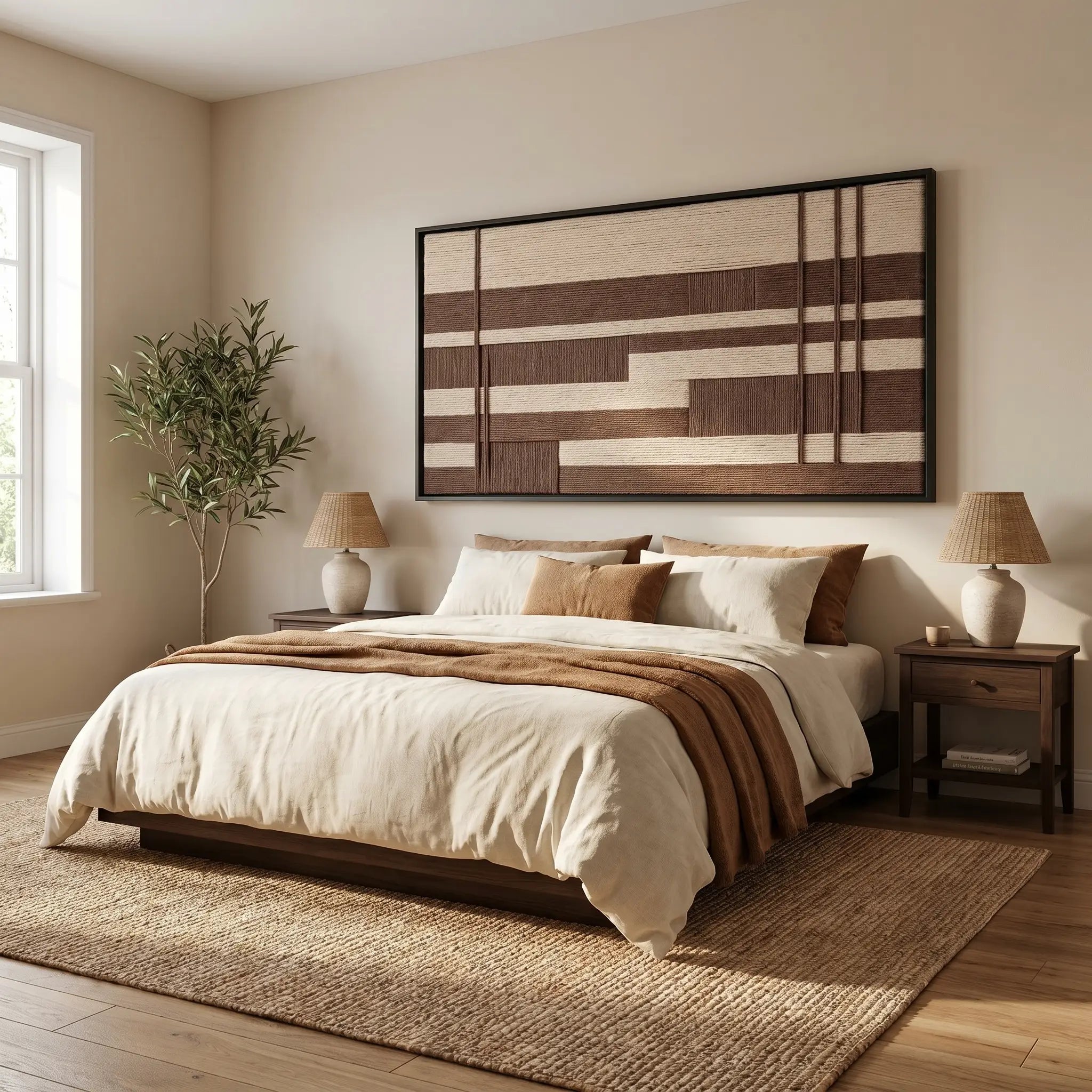 A beautiful framed hand-woven wool tapestry displayed gracefully above a styled bed with matching brown and cream accents in a cozy bedroom.