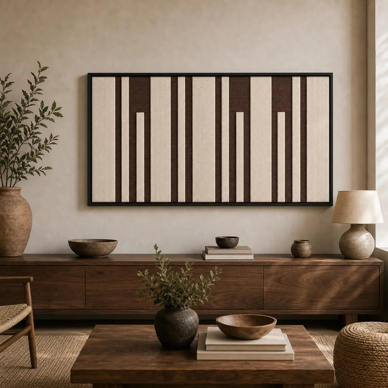 Framed Cocoa Pillars hand-woven wall art displayed above a dark wood console table in a serene, earthy-toned living room.