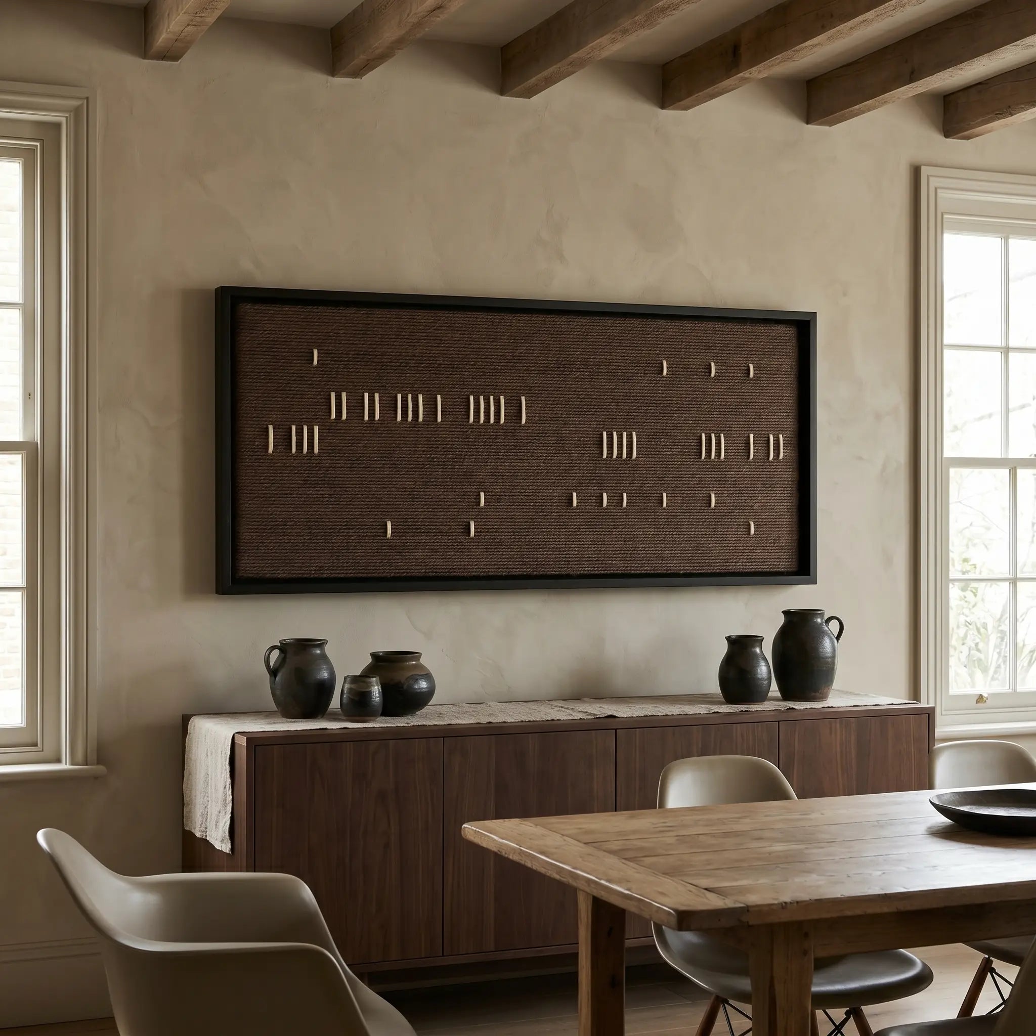 Dark brown textured hand-woven wool tapestry beautifully staged in a warm dining room, hanging over a dark wooden sideboard.