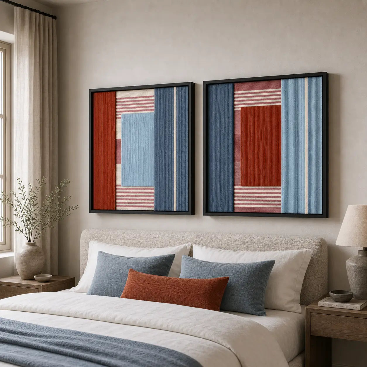 A beautiful two-piece framed hand-woven textile art set displayed gracefully above a styled bed with matching blue and rust accents.