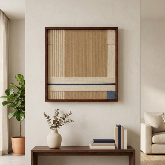 Hand-woven wool wall art with neutral tan and blue horizontal stripes displayed above a dark wood console table in a minimalist entryway.