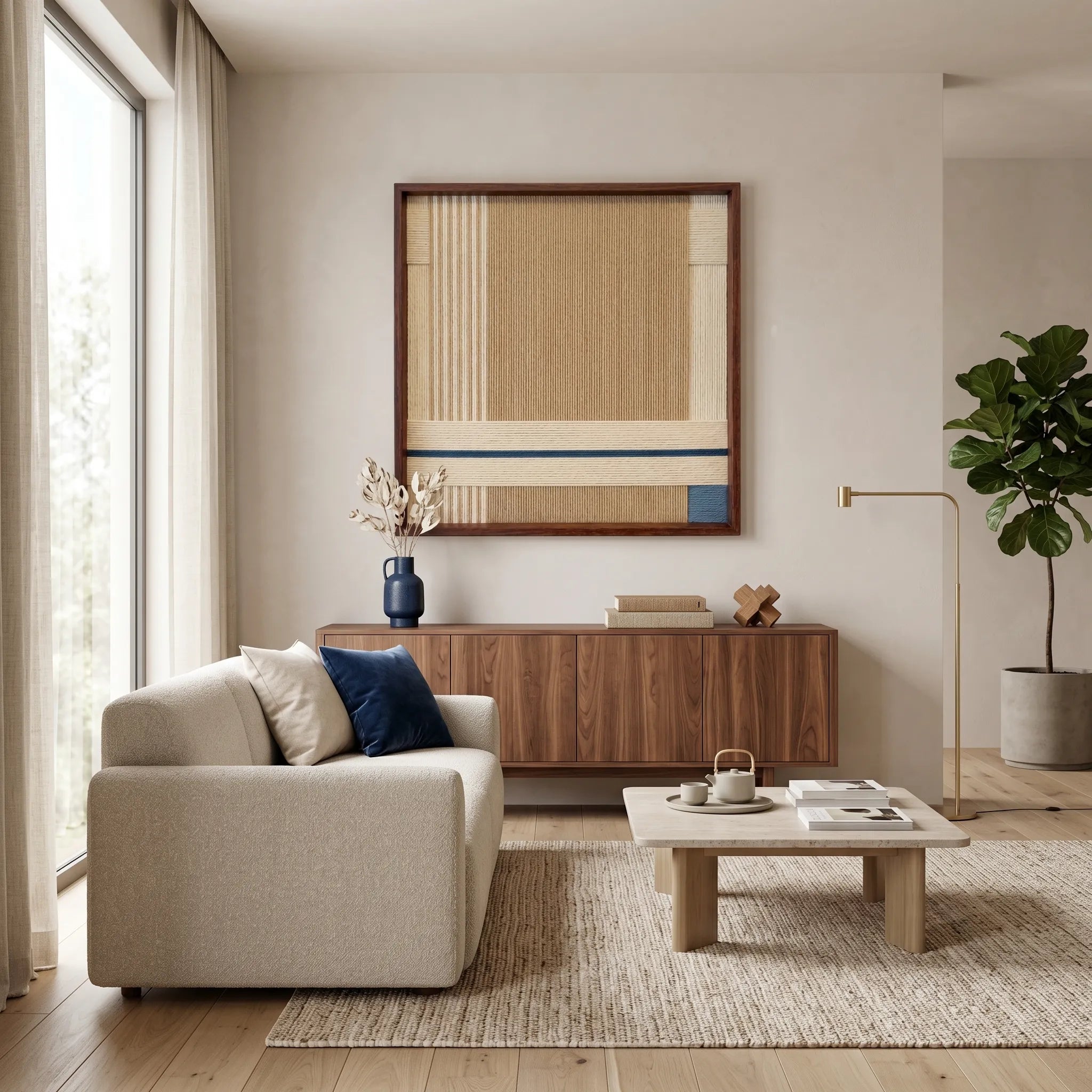 A large-scale textured wool wall art piece centered in a spacious, sunlit living room featuring natural wood furniture and minimalist aesthetic.
