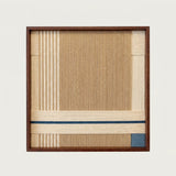 Close-up front view of A Collected Morning soft cotton cord wall art showing the intricate vertical weaving and dark wood frame details.